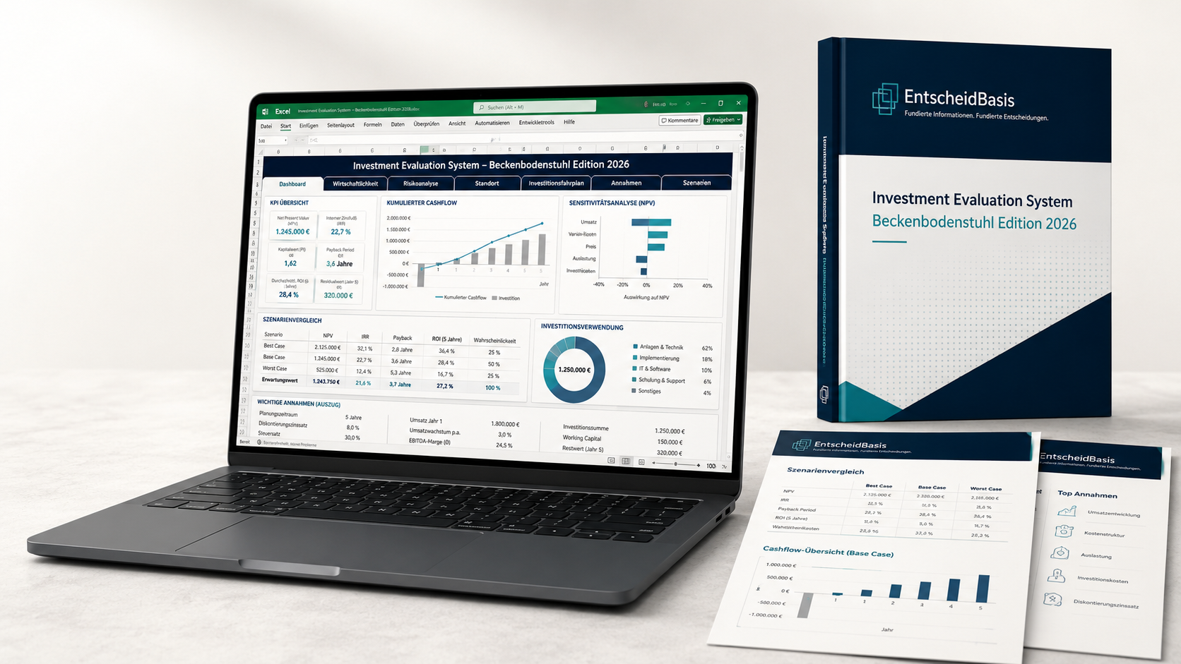 EntscheidBasis Investment Evaluation System mit Laptop, Excel-Dashboard und Handbuch
